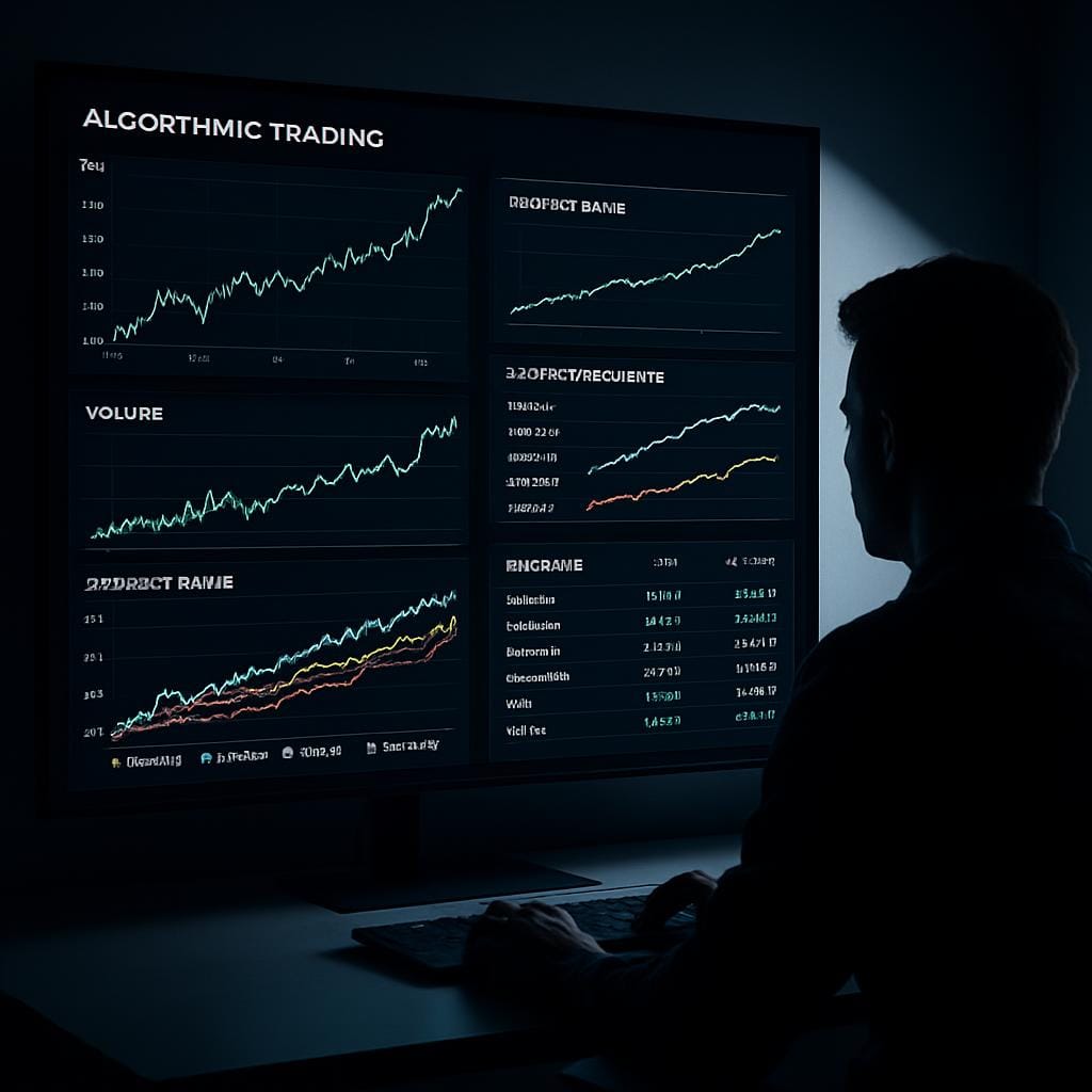 A man with short hair sits at a desk in front of a large computer screen displaying stock charts, analyzing the market wit...
