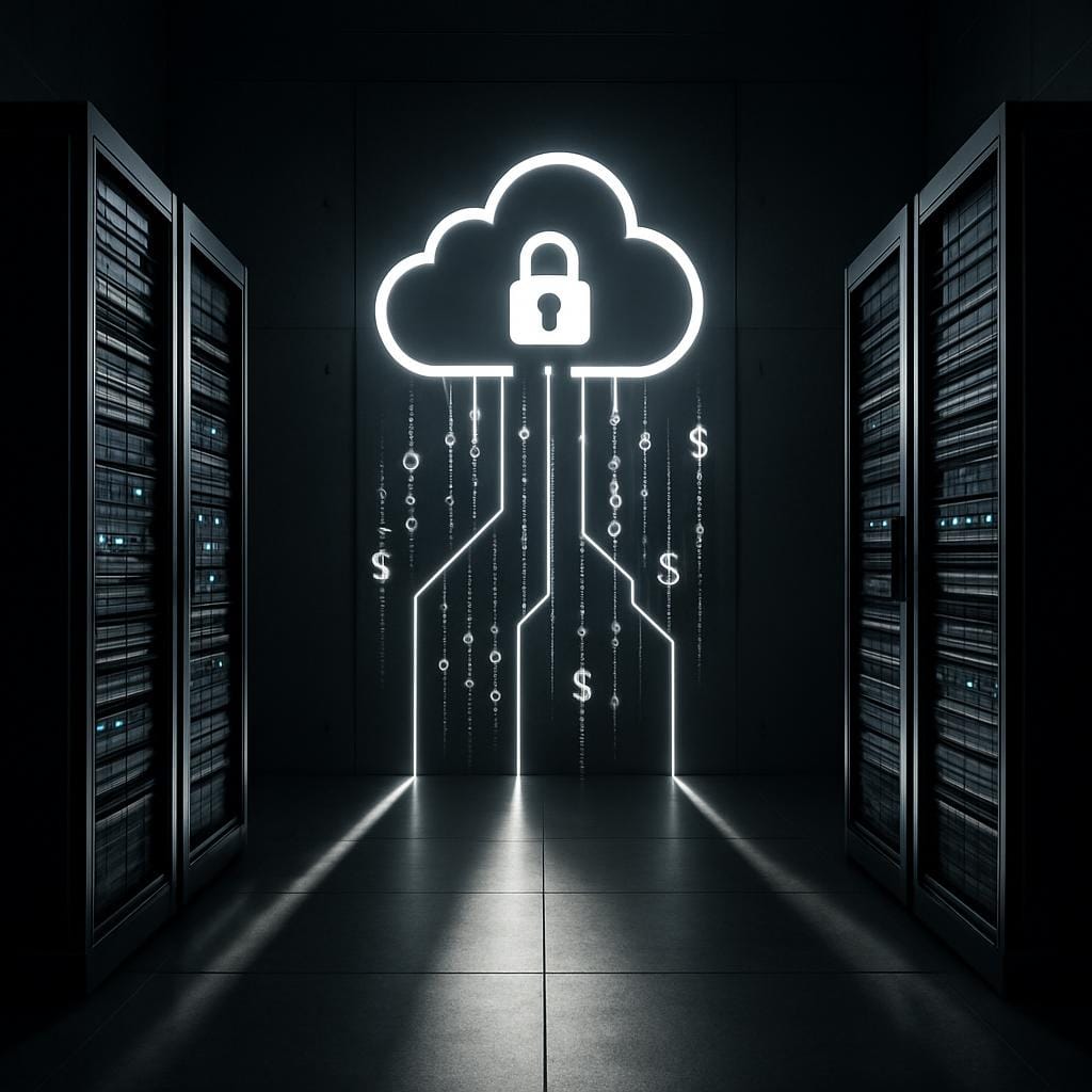The alt text for the image is: A cloud with a lock in the background of a server room with dollar signs distributed along ...